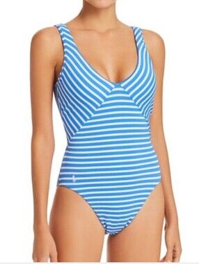 Polo Ralph Lauren Pique Stripe Knit One Piece Swim Suit Lace Back Blue White XS